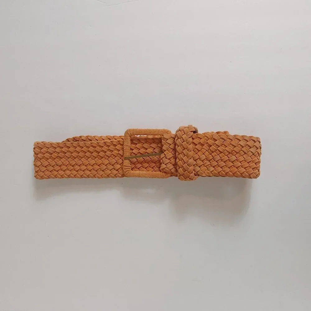 Vintage 70's 80's Leather‎ Woven Belt Western Weave Boho Orange Brown